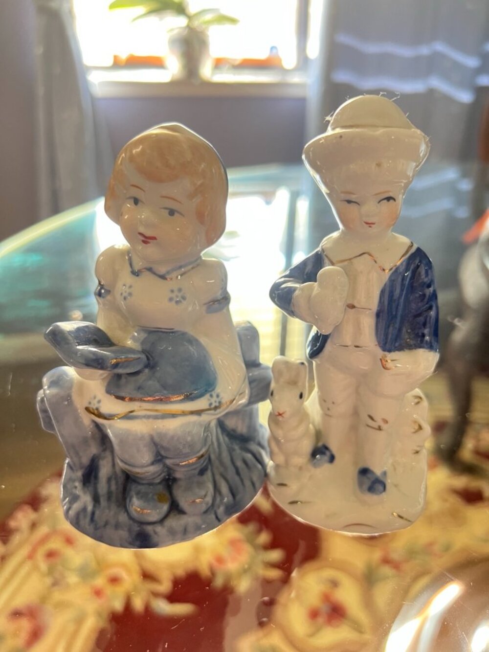 Vintage Ceramic Couple Figurine Blue White Cottage Style Collectible
